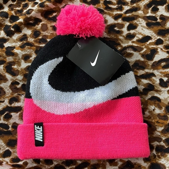 Brand New Nike Girls Youth Knit Pom Hat Black Pink White Swoosh Sporty Athletic - Picture 13 of 13